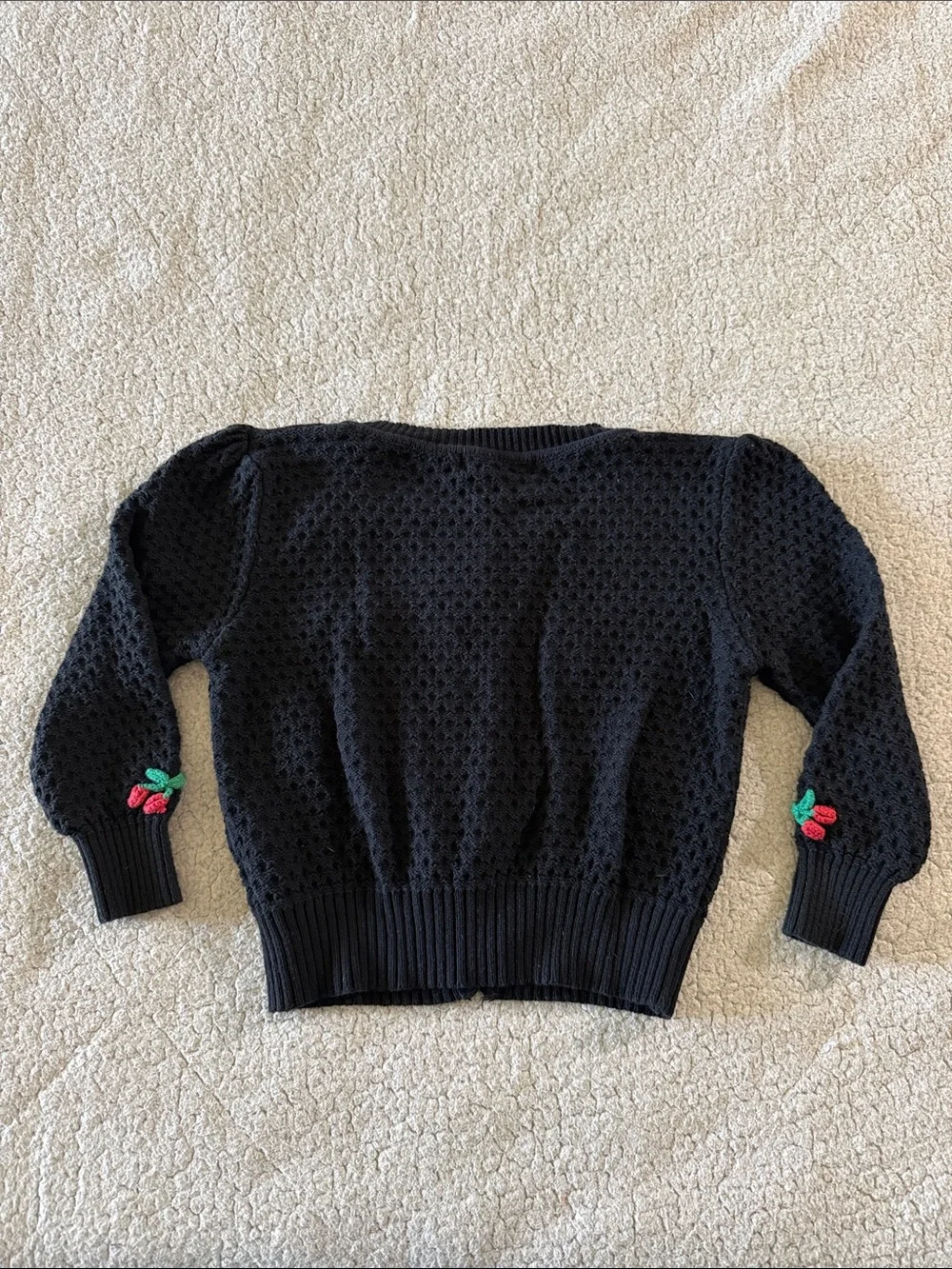 Ye Mak Cotton Crochet Black Cherry-Appliqué Button-Front Cardigan Small